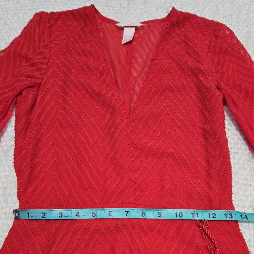 H&M Red Maxi Dress Sheer Textured Chevron Katy Perry Holiday Collection Size 4 - Picture 13 of 15